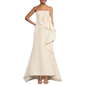 Muse by Marchesa Stretch 3D Rosette
Side Ruffle Straight Neck Fit and Flare Gown